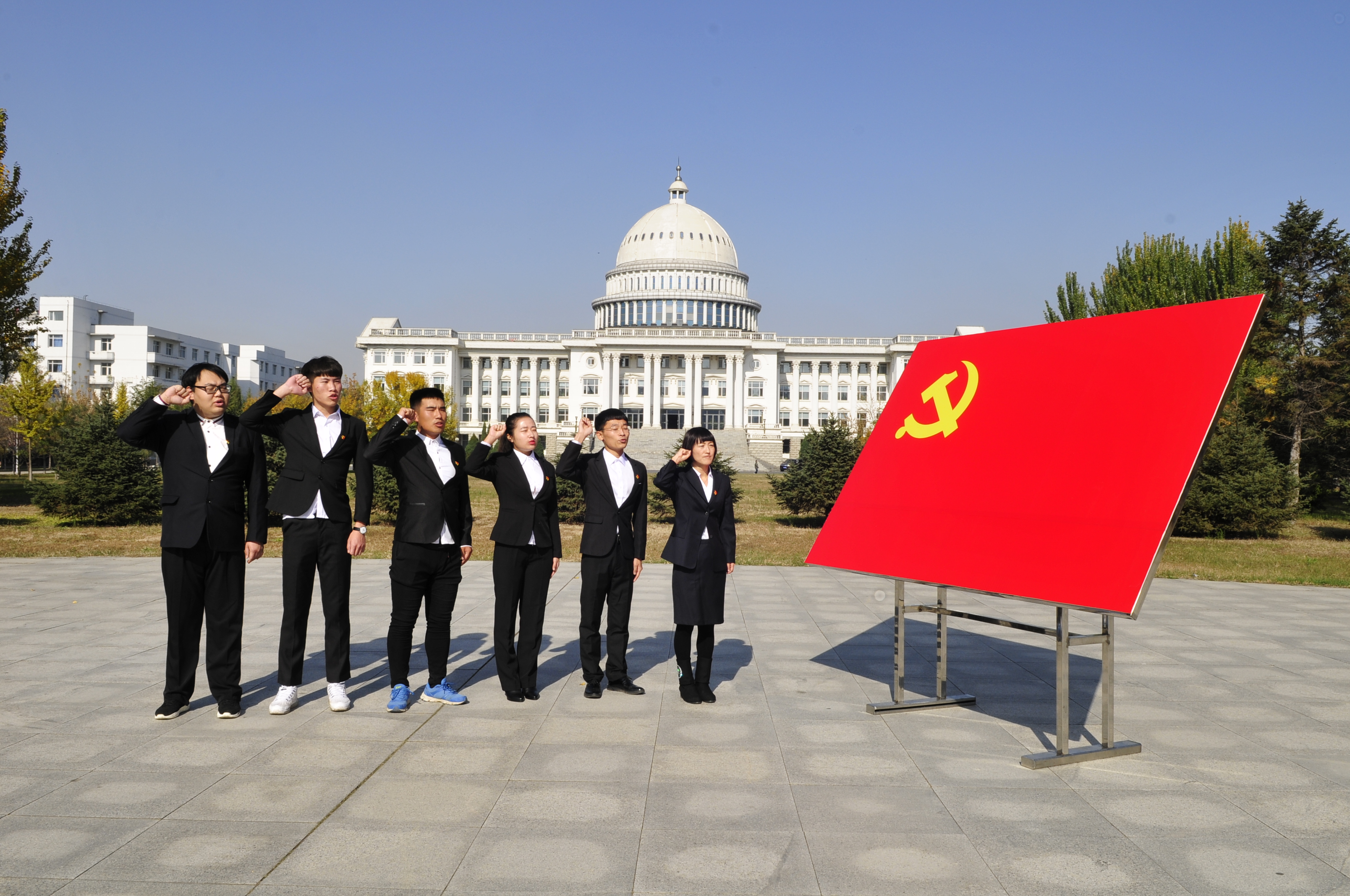 宣誓以各系学生党支部为单位进行,81名新党员在支部领誓人的带领下