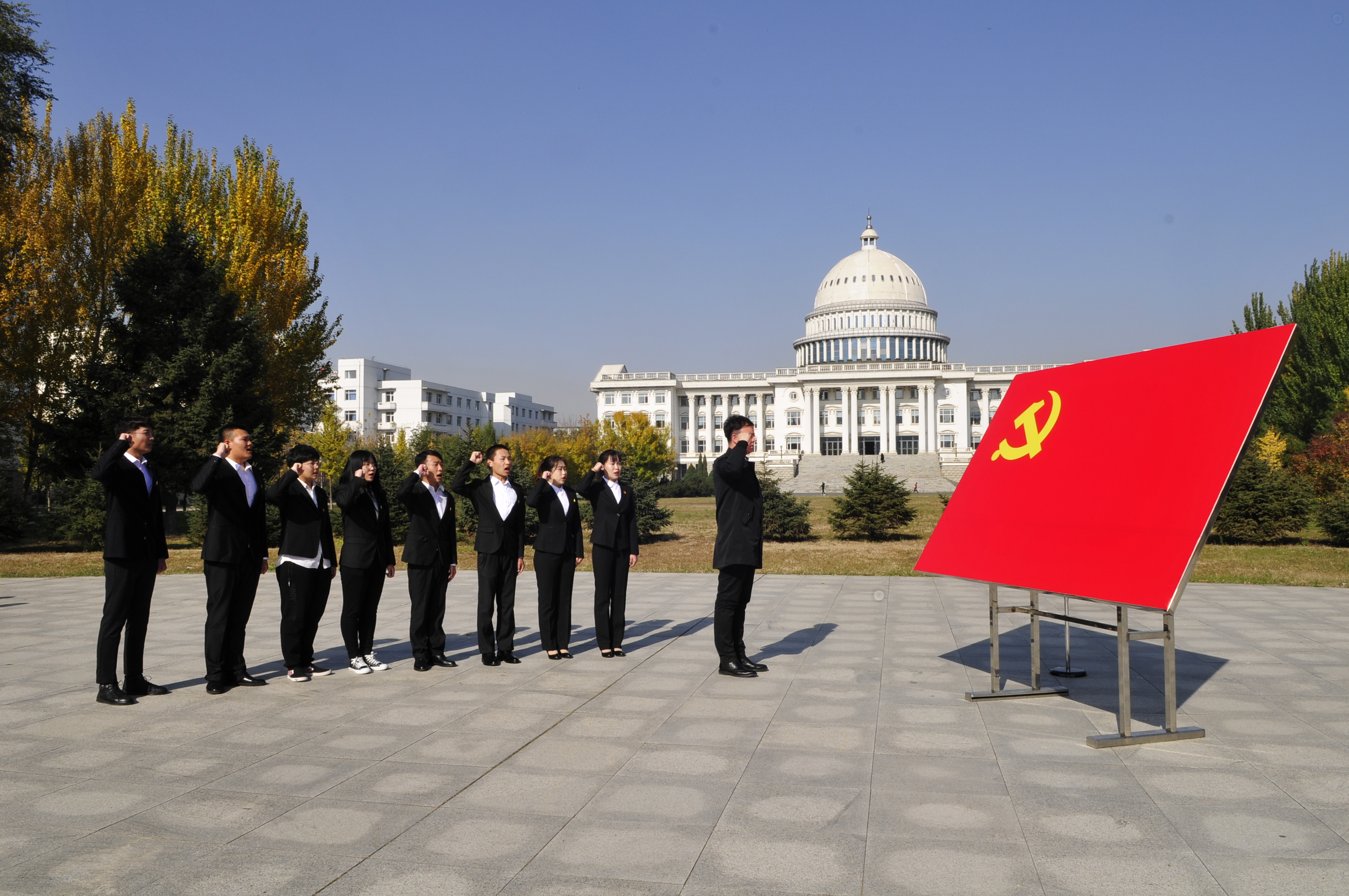 宣誓以各系学生党支部为单位进行,81名新党员在支部领誓人的带领下